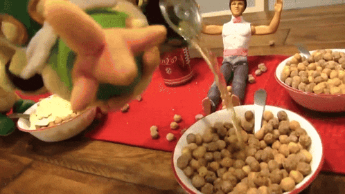 a bottle of coca cola is poured into a bowl of cereal on a table