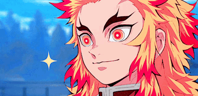 a close up of a person with red eyes and orange hair