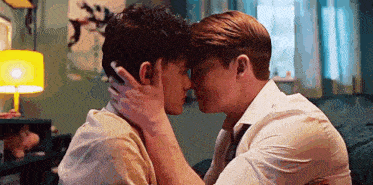 two men are kissing each other in a room with a lamp .