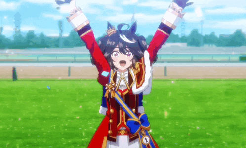a girl with a crown on her head is raising her arms in the air .