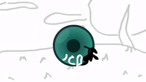 a cartoon drawing of a green ball with a sad face on it .