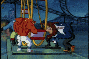 a group of cartoon characters standing around a roller coaster