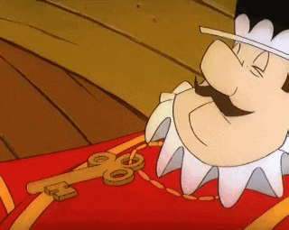 a cartoon character with a mustache is holding a pair of scissors and a key .