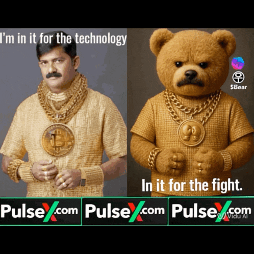 an ad for pulse.com shows a man and a teddy bear in gold outfits