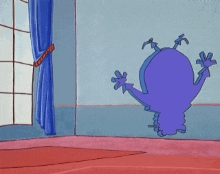 a cartoon character is standing upside down in a room