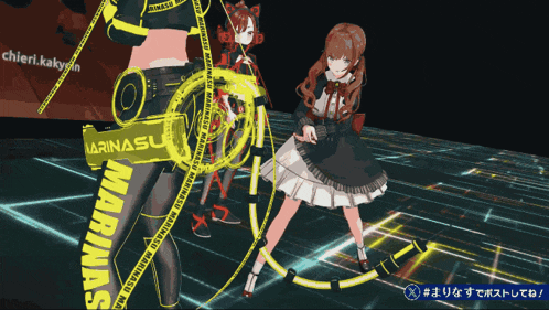 a girl in a black dress is standing in front of a sign that says marinasu on it