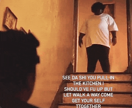 a man is standing on a set of stairs with a caption that says see da shi you pull in the kitchen