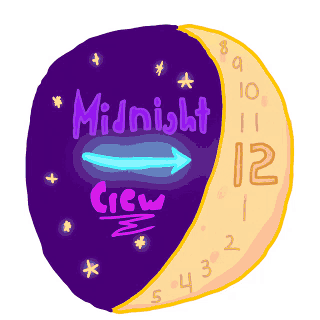 a cartoon drawing of a crescent moon with the words midnight crew on it