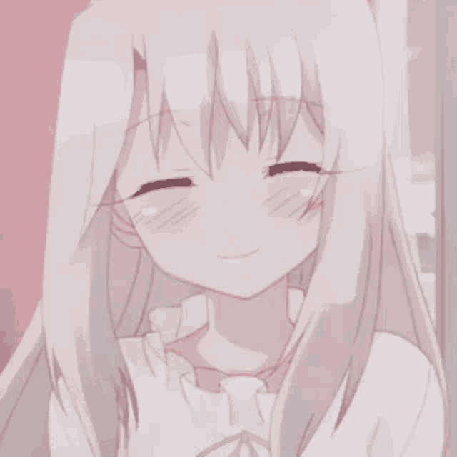 a girl with long white hair is smiling with her eyes closed and a pink background .