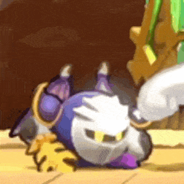 a purple and white cartoon character is laying on its back on the ground .