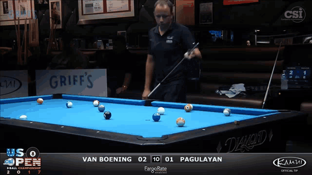 a pool table with a man standing behind it