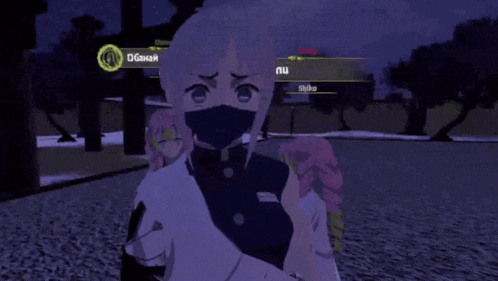 a girl with a mask on her face is in a video game with other girls