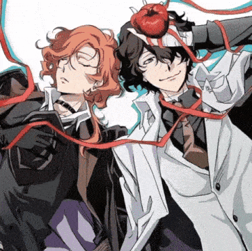 a couple of anime characters with a red ribbon around their necks