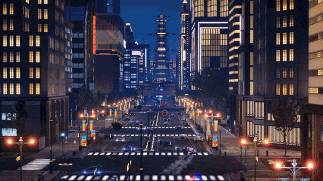 a busy city street at night with a red circle in the middle of it