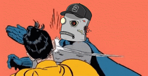 a cartoon drawing of a man being punched by a robot wearing a baseball cap