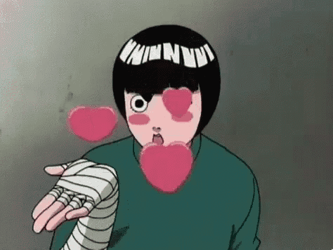 rock lee from naruto is holding a heart in his hand and has hearts in his eyes .