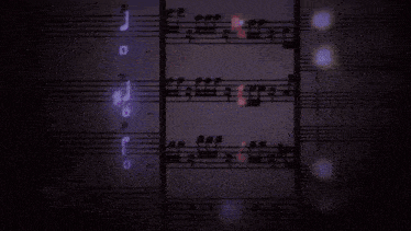 a sheet of music has a purple light shining on it and says # d