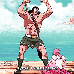 a cartoon of a man saying " kyros i was scared " next to a girl