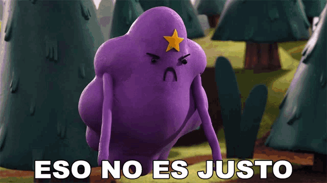 a purple cartoon character with a yellow star on his head and the words eso no es justo below him