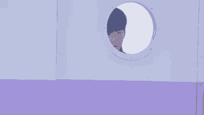 a man is peeking out of a round window in a purple and white wall .