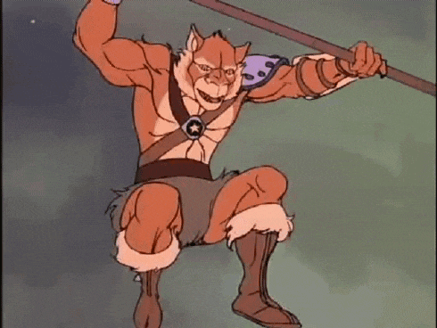 a cartoon character is holding a spear in his right hand .