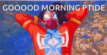 a cartoon of a man in a superhero costume with the words goood morning ptide written on the bottom