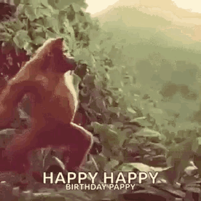 a monkey is jumping in the air with the words `` happy happy birthday pappy '' written on it .