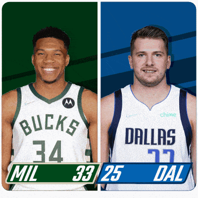 two basketball players one from the bucks and the other from dallas