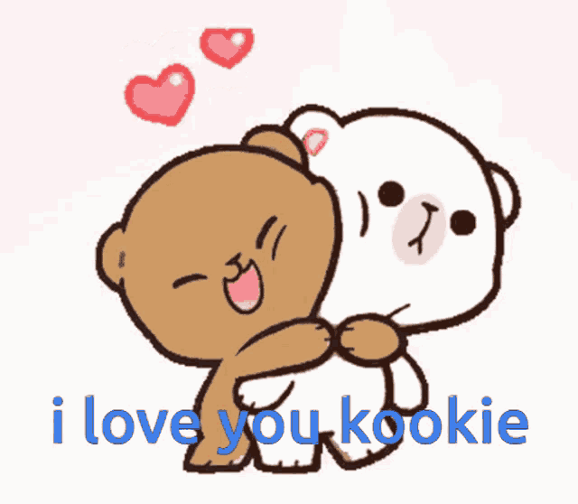 a cartoon of two bears hugging with the words i love you kookie written below them