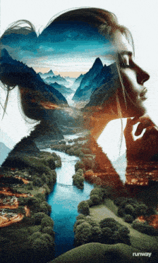 a double exposure of a woman 's face with mountains and a river