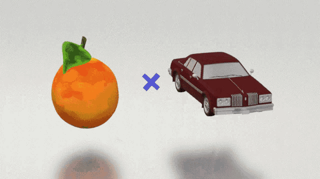 a car is pulling a large orange with a green leaf