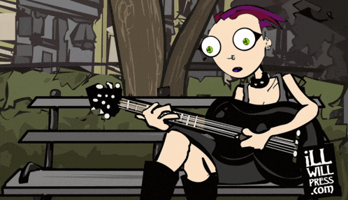 a cartoon of a girl sitting on a bench playing a guitar with the website ill will press.com