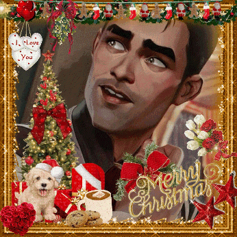 a picture of a man surrounded by christmas decorations with merry christmas written on the bottom