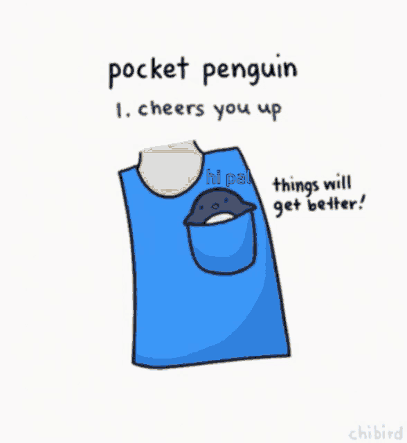 a cartoon of a person with a penguin in their pocket that says pocket penguin