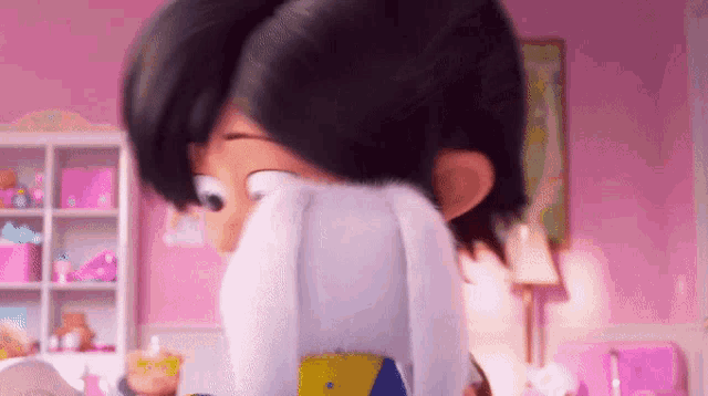 a cartoon girl is covering her face with a stuffed animal in a pink room .