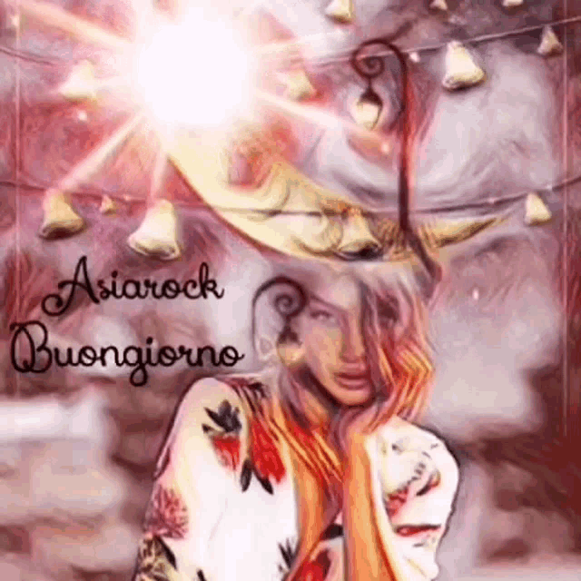 a painting of a woman wearing a hat with the words asiarock buongiorno on the bottom