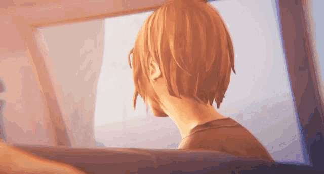 a video game character is looking out a window .