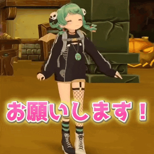 a cartoon girl with green hair and a backpack is standing in a room with chinese writing behind her .