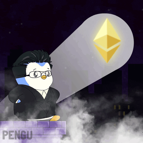 a penguin in a suit stands in front of a glowing pyramid with the word pengu on the bottom