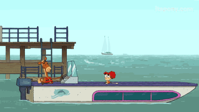 a cartoon drawing of a boat with a dolphin on the side of it