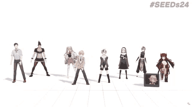 a group of anime characters doing stretching exercises with # seeds24 written above them