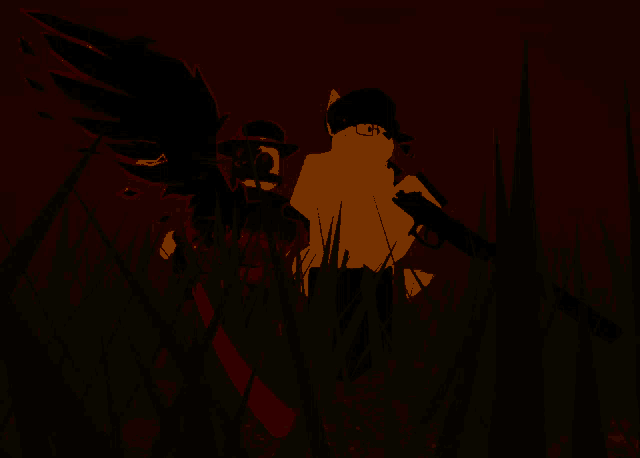 a drawing of a man holding a gun and a woman holding a knife