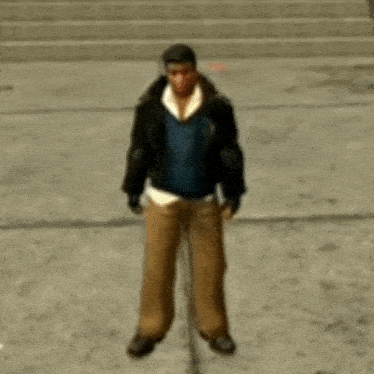 a man in a black jacket and brown pants is standing on a sidewalk in a video game .