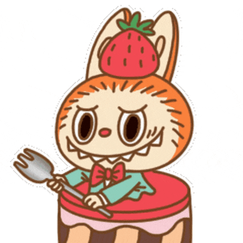 a cartoon character with a strawberry on top of his head is holding a fork