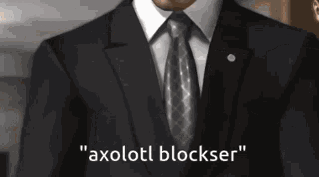 a man in a suit and tie says " axolototl blockser "