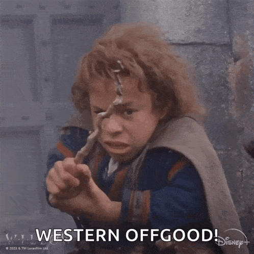 a cartoon character says " western offgood " while holding something