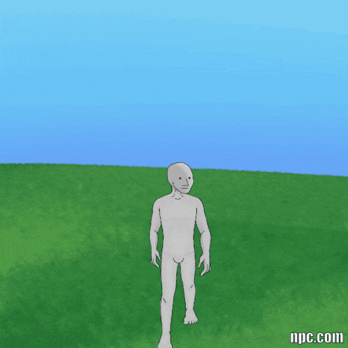 a cartoon of a naked man standing in a field with the website npc.com below