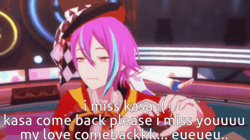 a video game character with purple hair and a hat says i miss kasa kasa come back please i miss youuu my love comebackkk