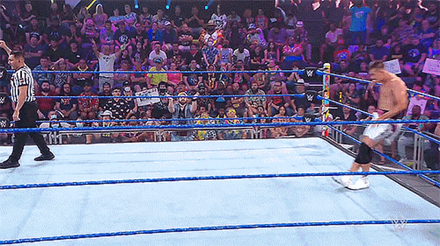 a referee stands in the middle of a wrestling ring watching a wrestler
