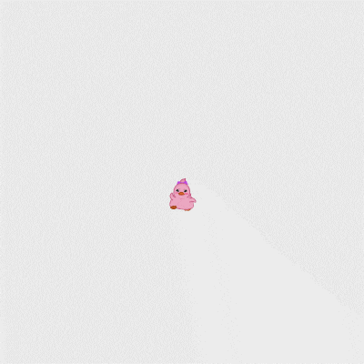 a pink duck with a purple bow around its head